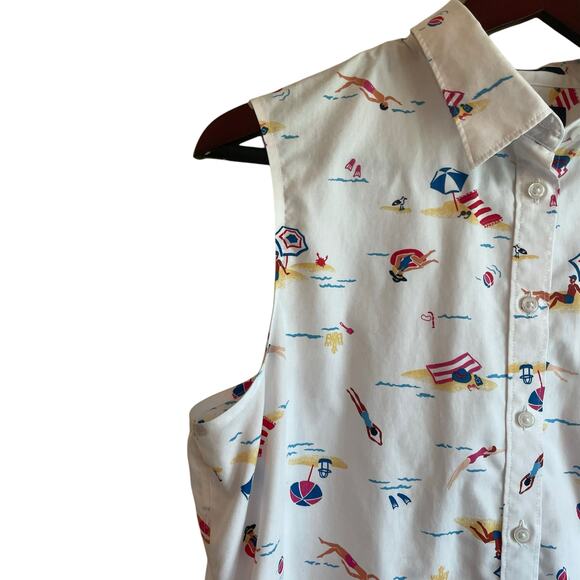 Lands End Women Top 16 White Sleeveless Button Up Beach Summer Novelty Print - Picture 7 of 11